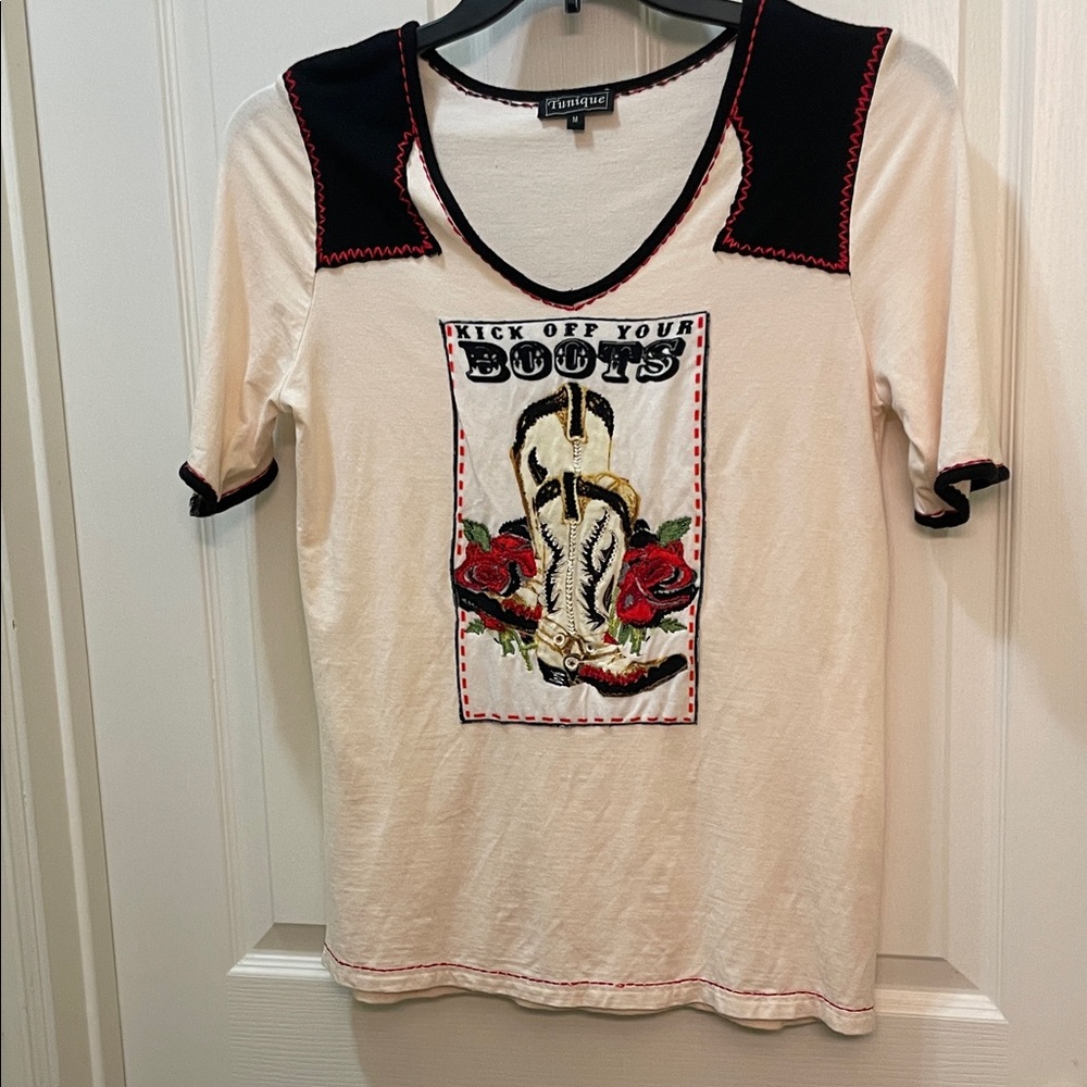 Cream and Black  Uniquely Western Stitched Tee